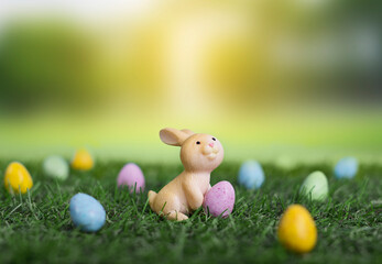 Cute little cartoon easter bunny sitting on grass among easter eggs in the garden, easter banner