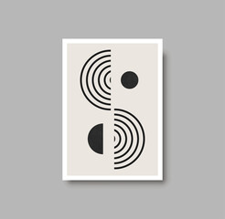 Abstract geometric mid century wall art print. Black and white poster with geometric shapes for wall art, bedroom interior. Artwork for wall decor, brochure design, minimal poster. Vector illustration