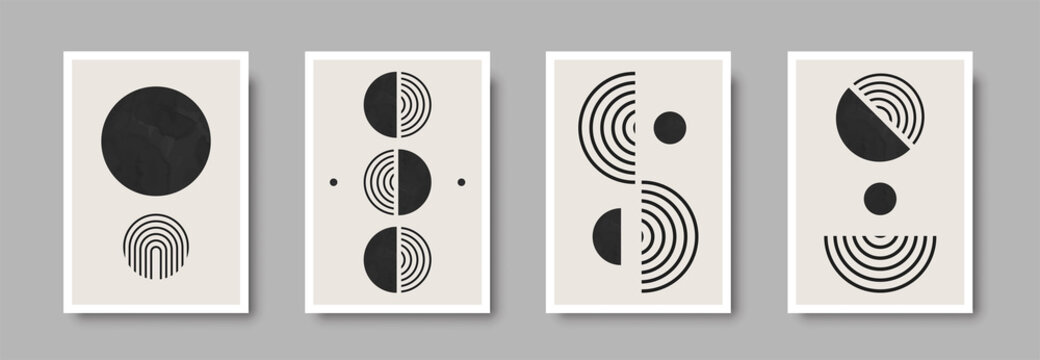 Abstract geometric mid century wall art print set. Black and white poster with geometric shapes for wall art, interior gallery. Artwork for wall decor with neutral colors,minimal. Vector illustration