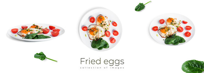Fried eggs with vegetables on the pan isolated on a white background. Beautiful breakfast.