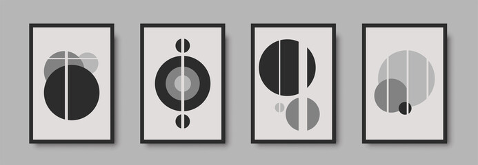 Abstract geometric mid century wall art print set. Black and white poster with geometric shapes for wall art, interior gallery. Artwork for wall decor with neutral colors,minimal. Vector illustration
