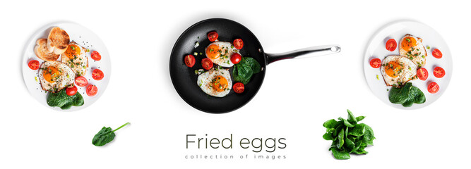 Fried eggs with vegetables on the pan isolated on a white background. Beautiful breakfast.