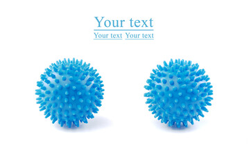 Laundry for washing and Dryer Balls A Natural and Better Alternative to Fabric Softener. Two blue Laundry balls on a white background. Plastic balls for washing clothes in the washing machine