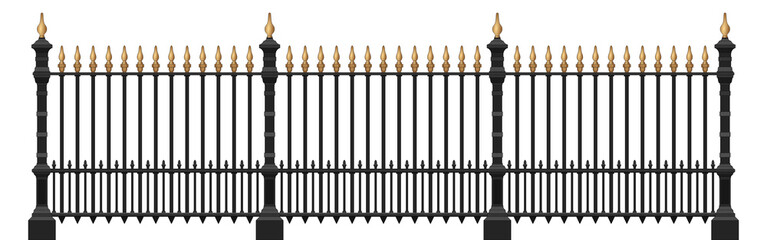 Classic Iron Fence With Metal Pillars. Ancient Wrought Iron Fence. Medieval Fence. Urban Design. Decor. Vintage. Luxury Modern Architecture. Castle. City. Street. Park. Blacksmithing. Isolated.