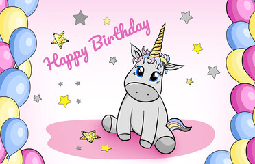 Obraz na płótnie Canvas Happy birthday greeting card. Cute little unicorn with golden horn sits in a beautiful star design surrounded by balloons