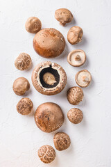 Portobello and shiitake   mushrooms set on white background. Top view.
