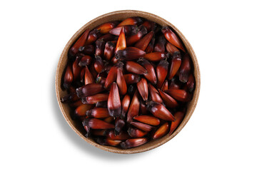 Typical araucaria seeds used as a condiment in Brazilian cuisine in winter. Brazilian pinion nuts in brown and red wooden bowl on White background