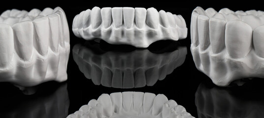 milled dental prosthesis made of zircon in pure form before painting, collage on black glass with...