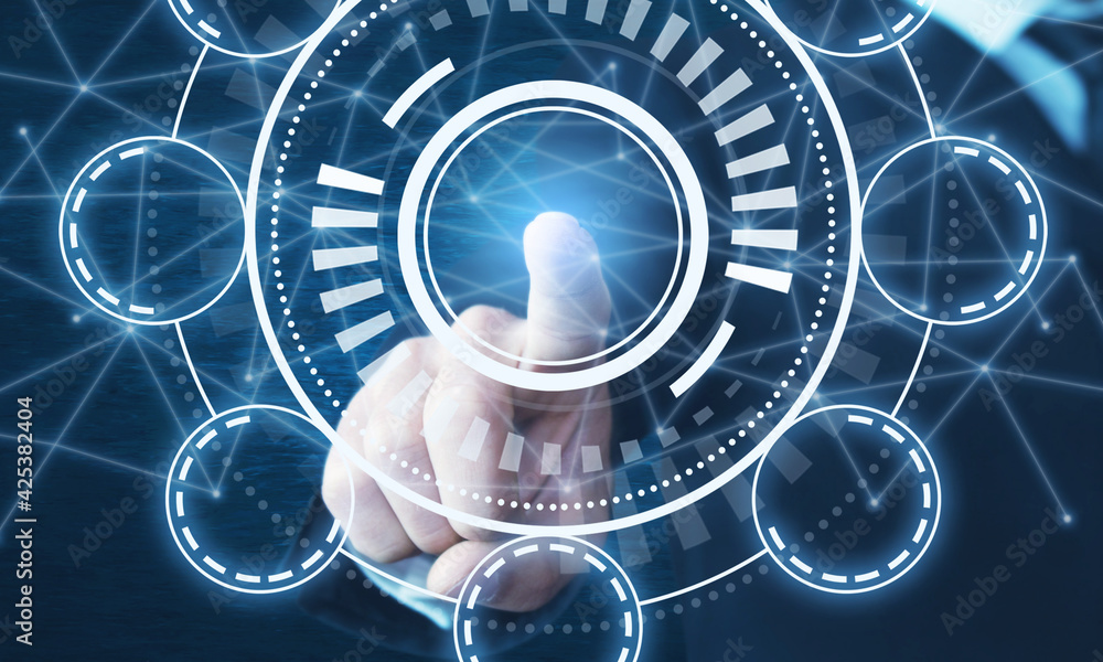 Wall mural businessman touching virtual interface button. internet. innovation. technology
