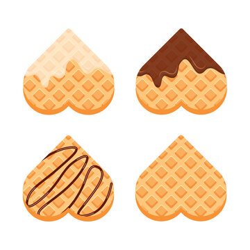Viennese Or Belgian Waffles With Vanilla Cream And Chocolate. Set Of Heart Shaped Waffle. Vector Illustration In Trendy Flat Style Isolated On White Background