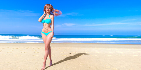 Woman swimsuit on beach.
