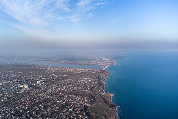 Naklejka premium View of the village of Fontanka on the Black Sea coast near Odessa. Photo from a helicopter.