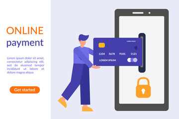 Online payment concept flat illustration. Man with credit card and phone screen. Secure online payment. Flat characters. Vector illustratoin. Suitable for web landing page, mobile app, banner template