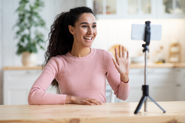 Daily Life Of Influencer. Smiling Female Blogger Recording Video For Social Networks