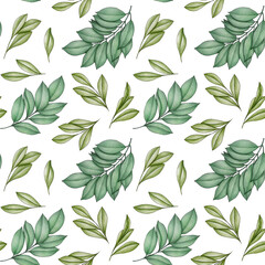 Naklejka na ściany i meble Hand drawn seamless pattern with green leaves on white background