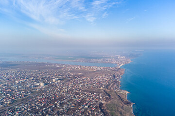 View of the village of Fontanka on the Black Sea coast near Odessa. Photo from a helicopter.