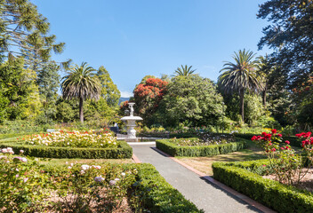 Queen's Garden in Nelson, New Zealand with Victorian ornamental park and cupid fountain