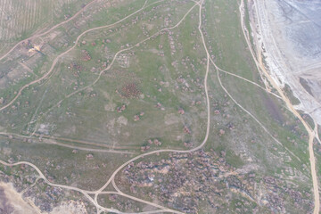 Drying lake as a result of climatic changes - Kuyalnitsky estuary. Sandy bottom of a dried-up lake. View from the helicopter.