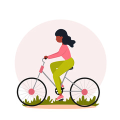 Girl riding a bike . Cute vector illustration in flat style