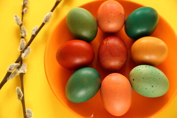 easter eggs on the plate top view close up yellow background