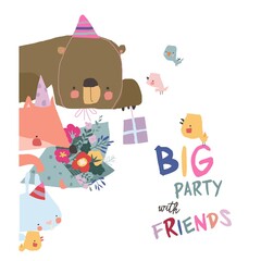 Obraz premium Birthday card with cute animals celebrating holiday