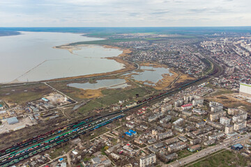 View of the city of Odessa, Luzanovka beach, Black Sea and Kuyalnitsky estuary. Photo from a helicopter.