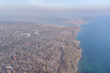 Obraz premium View of the village of Fontanka on the Black Sea coast near Odessa. Photo from a helicopter.