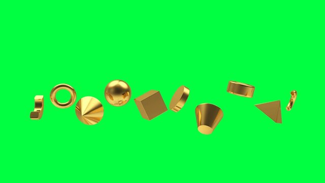 Various golden geometric shapes in a row rotate in a loop on a green screen in 3D animation. 4K resolution. 