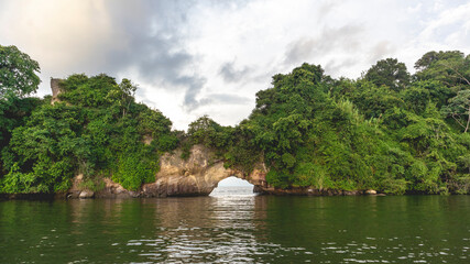 Fototapeta premium Sea, beach and blue sky. Tropical landscape of the Colombian Pacific, in Tumaco Nariño Colombia. Pacific Ocean.