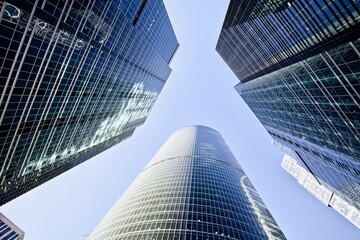 Modern office buildings against bright blue sky. Bottom-up view. Glass facades of tall skyscrapers...