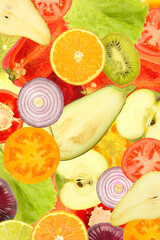 Vertical background from bright fresh vegetables and fruits