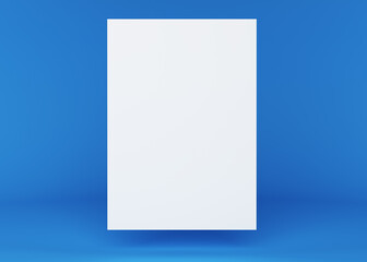 Mockup of white paper on a blue background. Mockup white vertical card. Vertical blank on a blue background. 3D Illustration