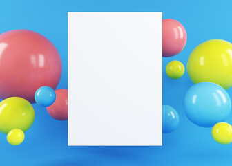 White paper mockup on a blue background with colored balls. Mockup white vertical card on a background of balls. Vertical blank on a colored background. 3D Illustration