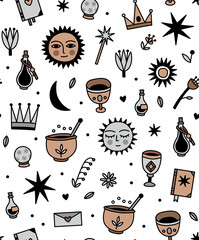 Childish seamless pattern with hand drawn moon, stars, potions and crowns