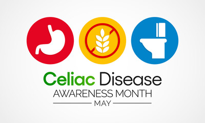 Celiac Disease awareness month observed each year in May across United states, it is an immune reaction to eating gluten, a protein found in wheat, barley and rye. Vector illustration.