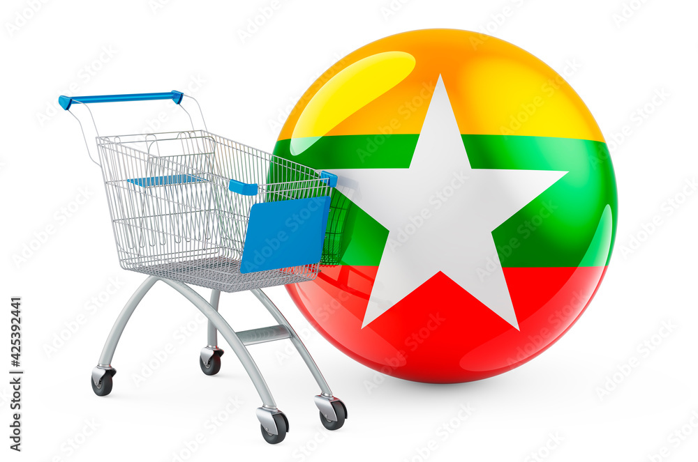 Poster shopping cart with myanmar flag. shopping in myanmar concept. 3d rendering