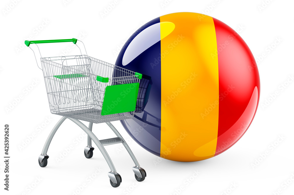 Canvas Prints Shopping cart with Romanian flag. Shopping in Romania concept. 3D rendering