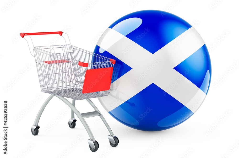 Poster shopping cart with scottish flag. shopping in scotland concept. 3d rendering