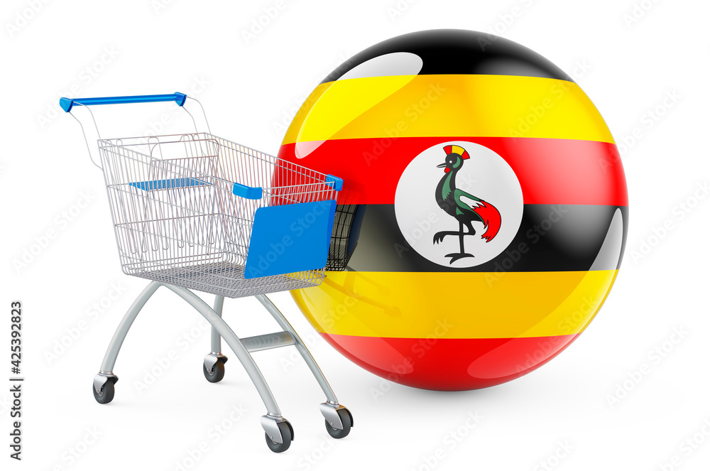 Poster shopping cart with ugandan flag. shopping in uganda concept. 3d rendering