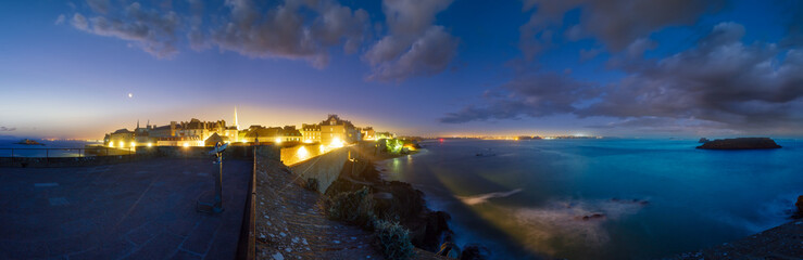 Saint-Malo old historic walled town-fortress night view (La Ville Intra-Muros, France).