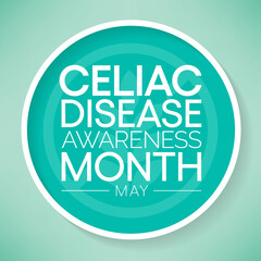 Celiac Disease awareness month observed each year in May across United states, it is an immune reaction to eating gluten, a protein found in wheat, barley and rye. Vector illustration.