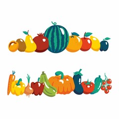 Vector illustration with fresh organic vegetables and fruits isolated on white background. Healthy Food. Healthy lifestyle or diet concept.