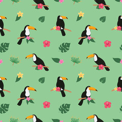Summer colorful bright seamless hand drawn tropical pattern with toucan birds and exotic plant leaves and flowers of hibiscus on white background. Hawaiian style. Vector illustration