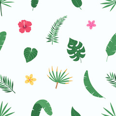 Exotic seamless colorful pattern with tropical jungle leaves and flowers of plumeria and hibiscus. Tropic background. Floral modern pattern for textile, manufacturing etc. Vector illustration