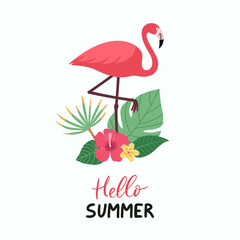 Flamingo bird with exotic tropical leaves and flowers. Hello summer lettering. Flamingo tropic vector illustration