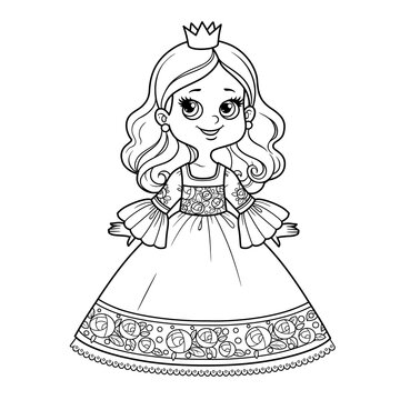 Cute cartoon princess girl in ball gown with roses ornament and little crown outline for coloring on a white background