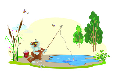 A cute cartoon cat catches fish in a pond against the background of the sky, flying butterflies and trees on the shore. Vector illustration. 