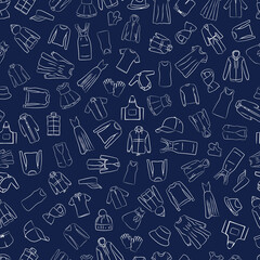 Apparel Seamless pattern, Hand drawn objects white line. Different clothing of men and women vector illustration 