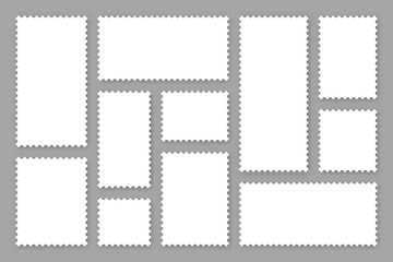 Blank white postage stamps collection. Sticky paper stamp. Vector illustration.