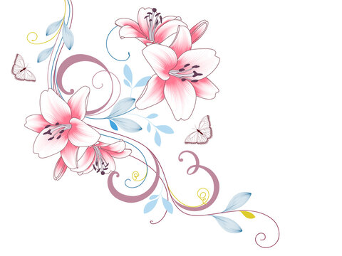 Abstract  hand drawn floral pattern with lily flowers and butterfly. Vector illustration. Element for design.